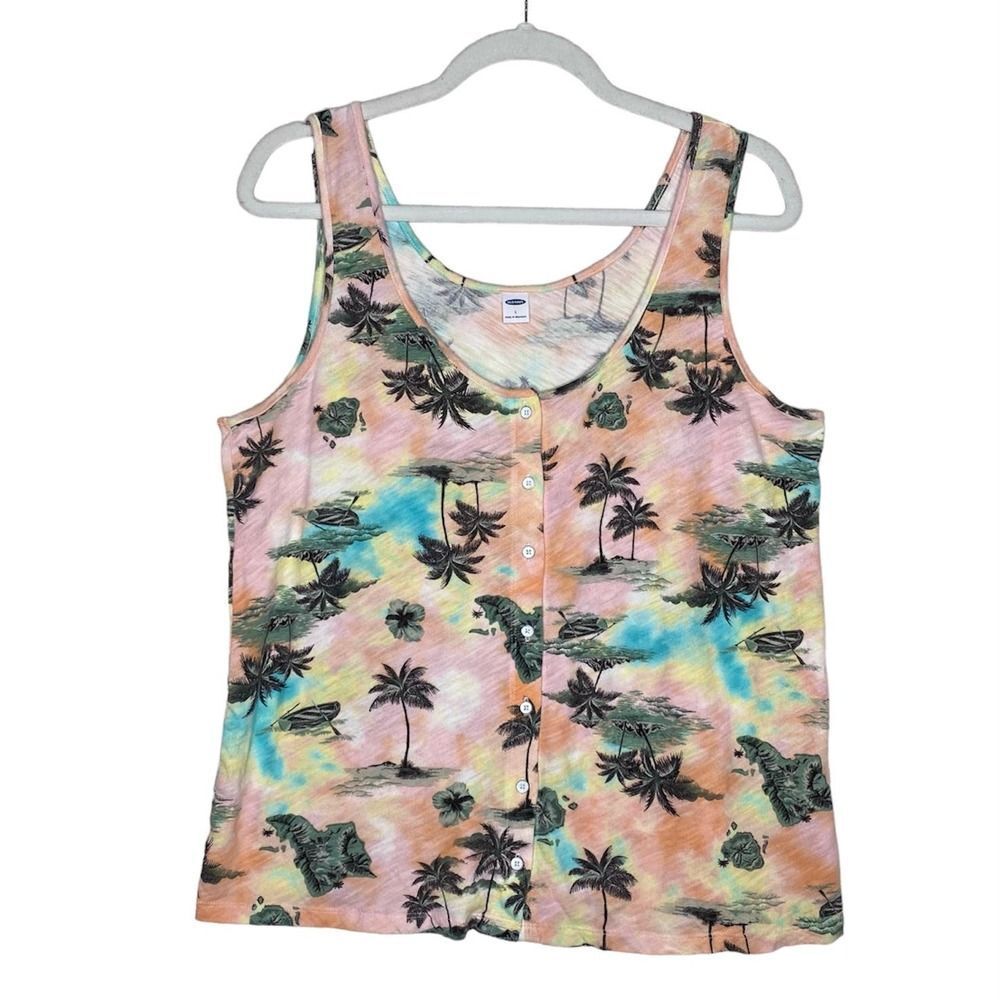 Old Navy Tropical Palm Tree Button Down Tank Top Large Sleeveless Pink Orange
